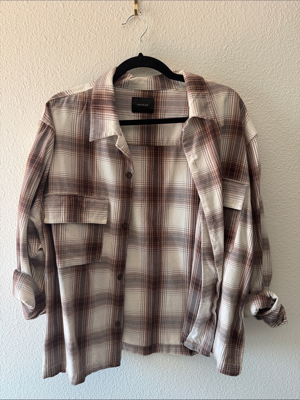 PacSun Men's Plaid Button-Down Shirt in Brown and White